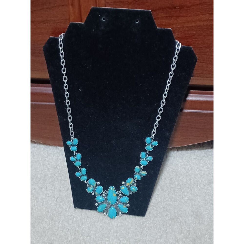 Silver Toned Faux Turquoise Necklace, 23"